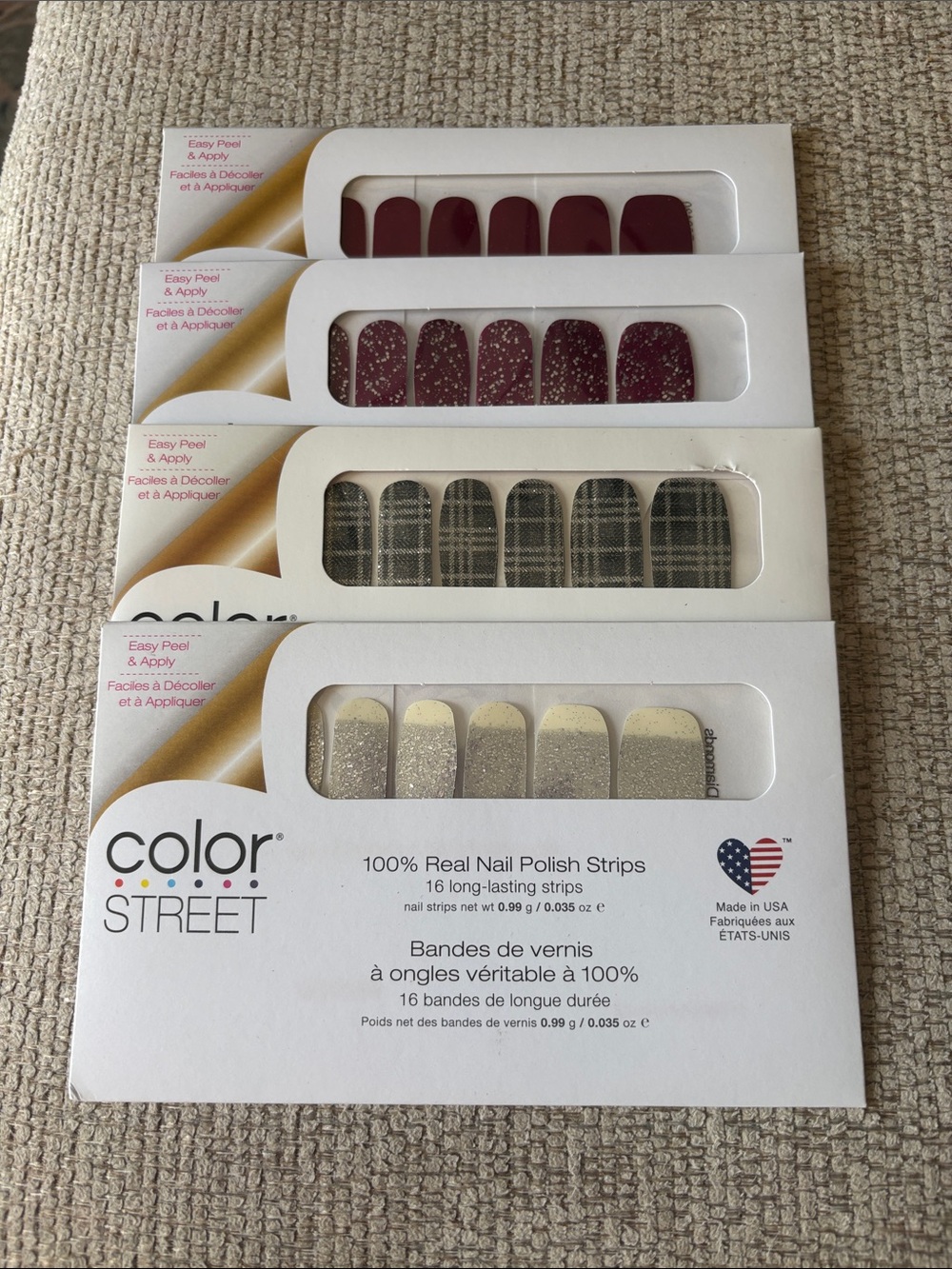 Color Street Press-On Nails - Burgundy, Glitter, Plaid, Silver Ombre